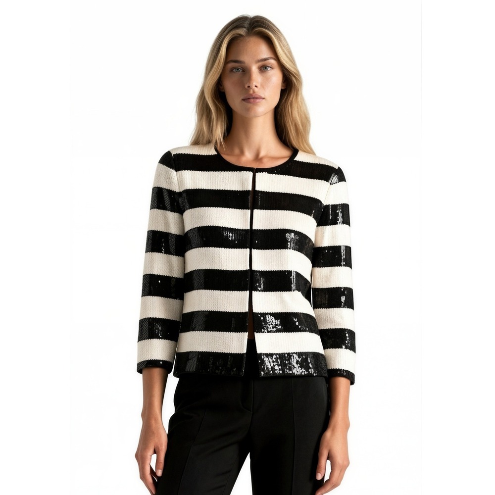 New Ann Taylor Sequin Striped Cardigan Jacket Women's Size Small Black Ivory